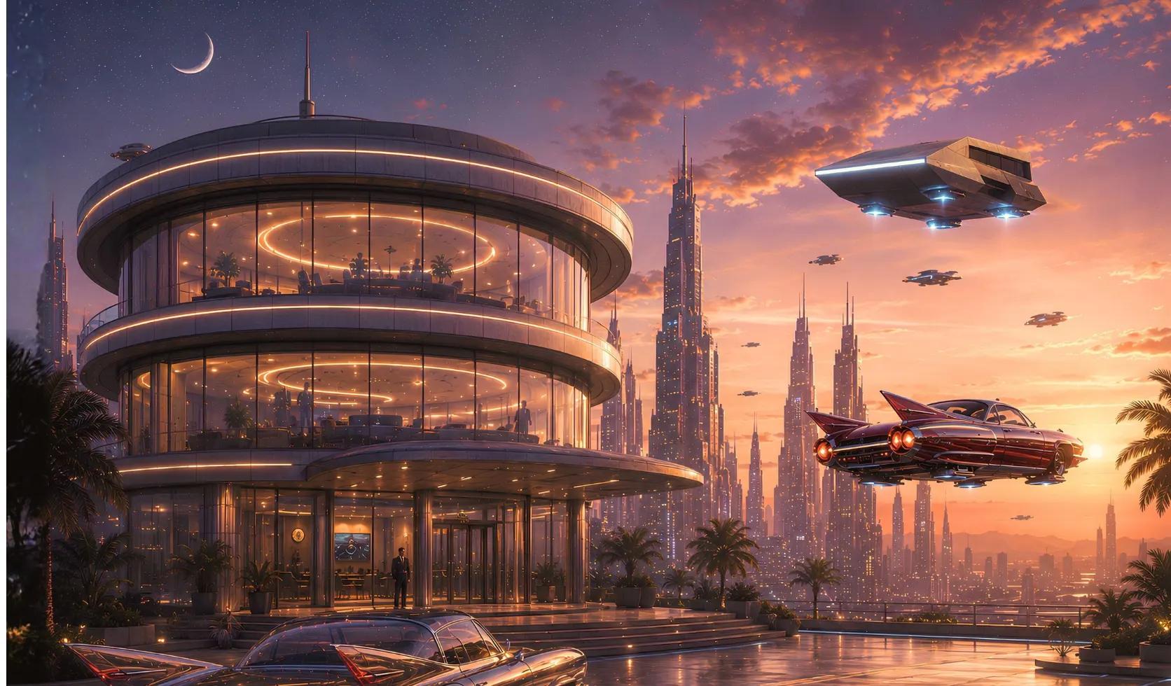 A sleek futuristic city glows at sunset as flying vehicles cross the sky.