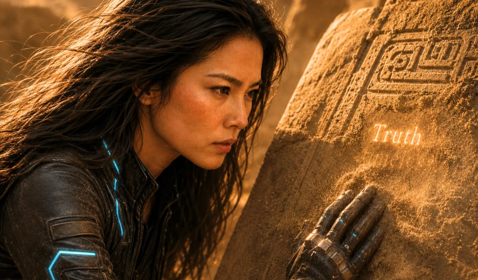 A futuristic woman studies an ancient stone covered in symbols, with the words Truth is Timeless glowing from its surface.