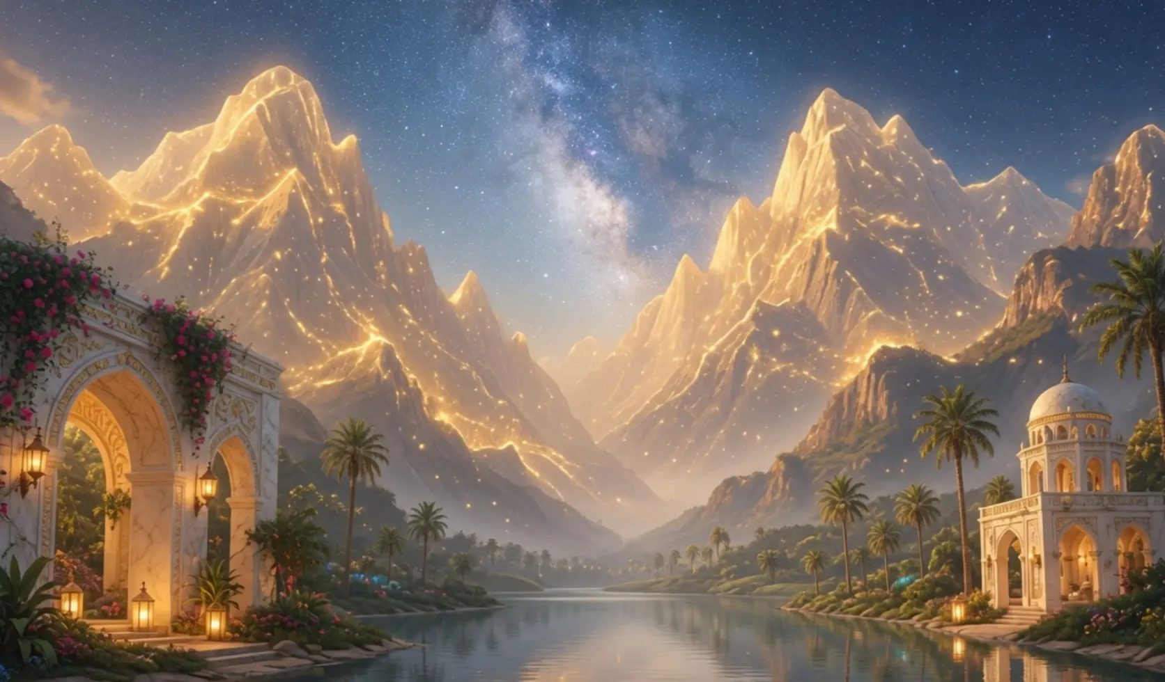 A luminous mountain kingdom rises under the stars, traced with flowing lines of golden light.