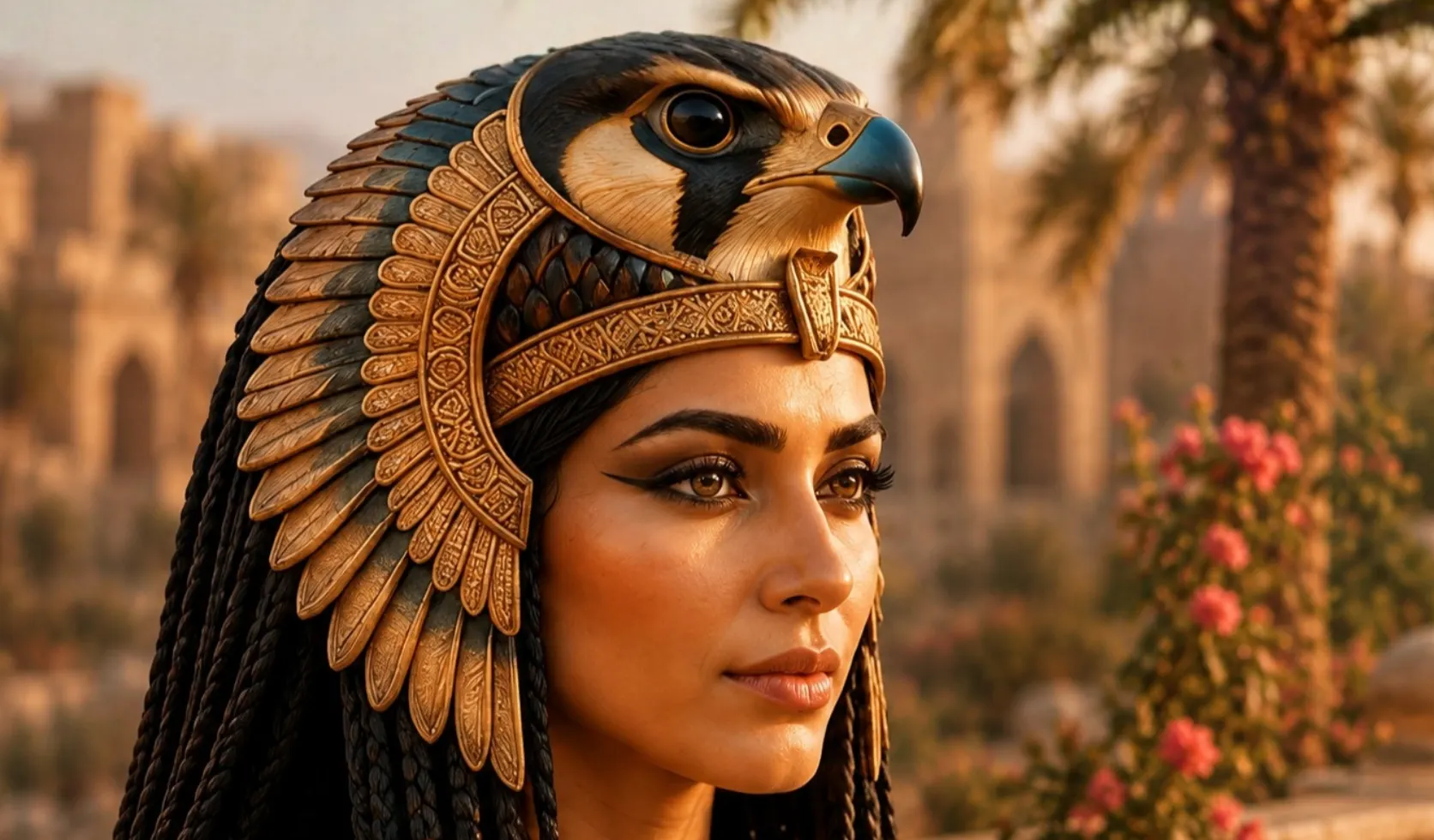 A regal queen in an ornate falcon headdress appears as one of the recurring figures in the visions.