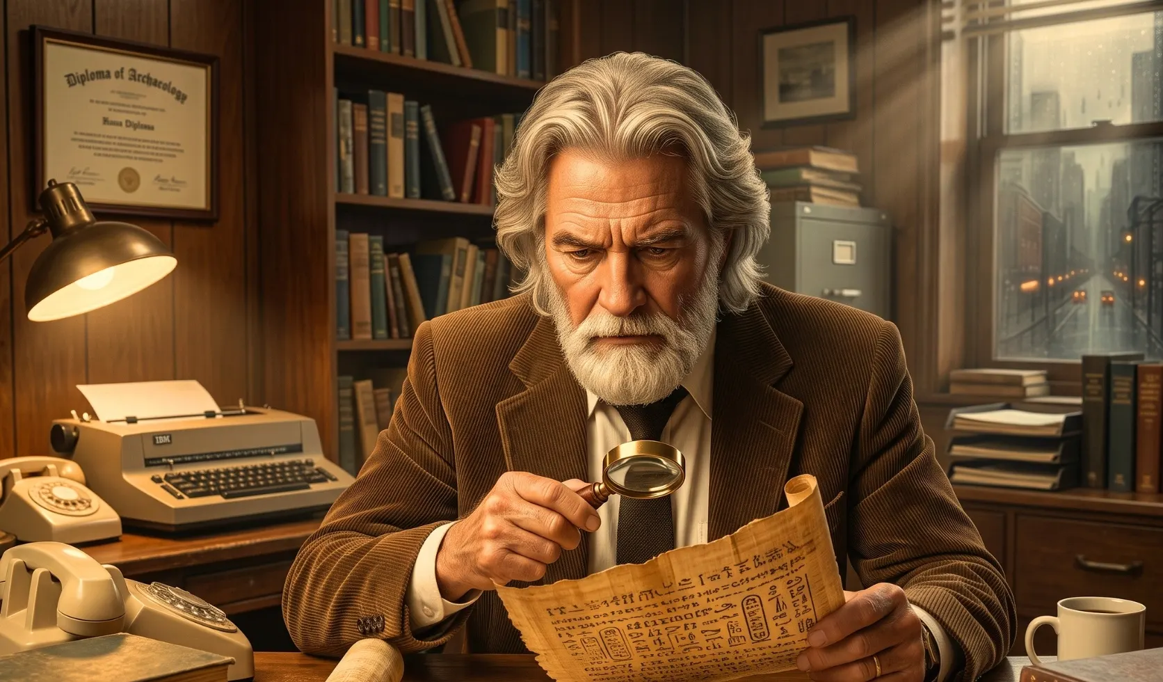 An older scholar studies an ancient scroll beneath the warm light of his office lamp.