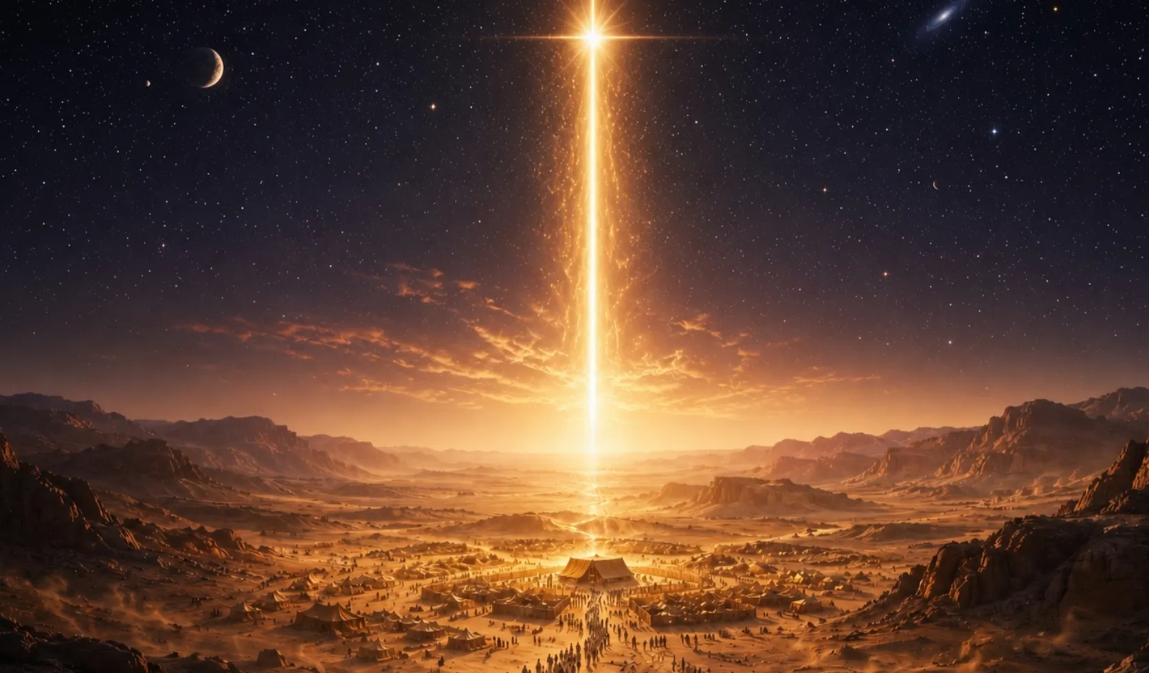 A vast desert camp is pierced by a blazing pillar of light descending from the heavens.