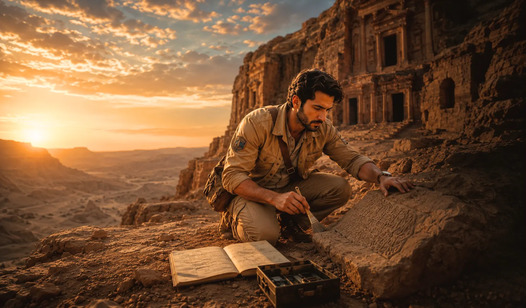 Jack Teleos kneels beside ancient carved stone at Petra, brushing away sand as the sun sets over the ruins.